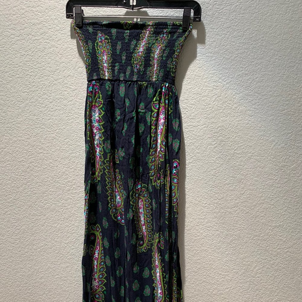 Peacock feather design strapless maxi dress with side slits- size small